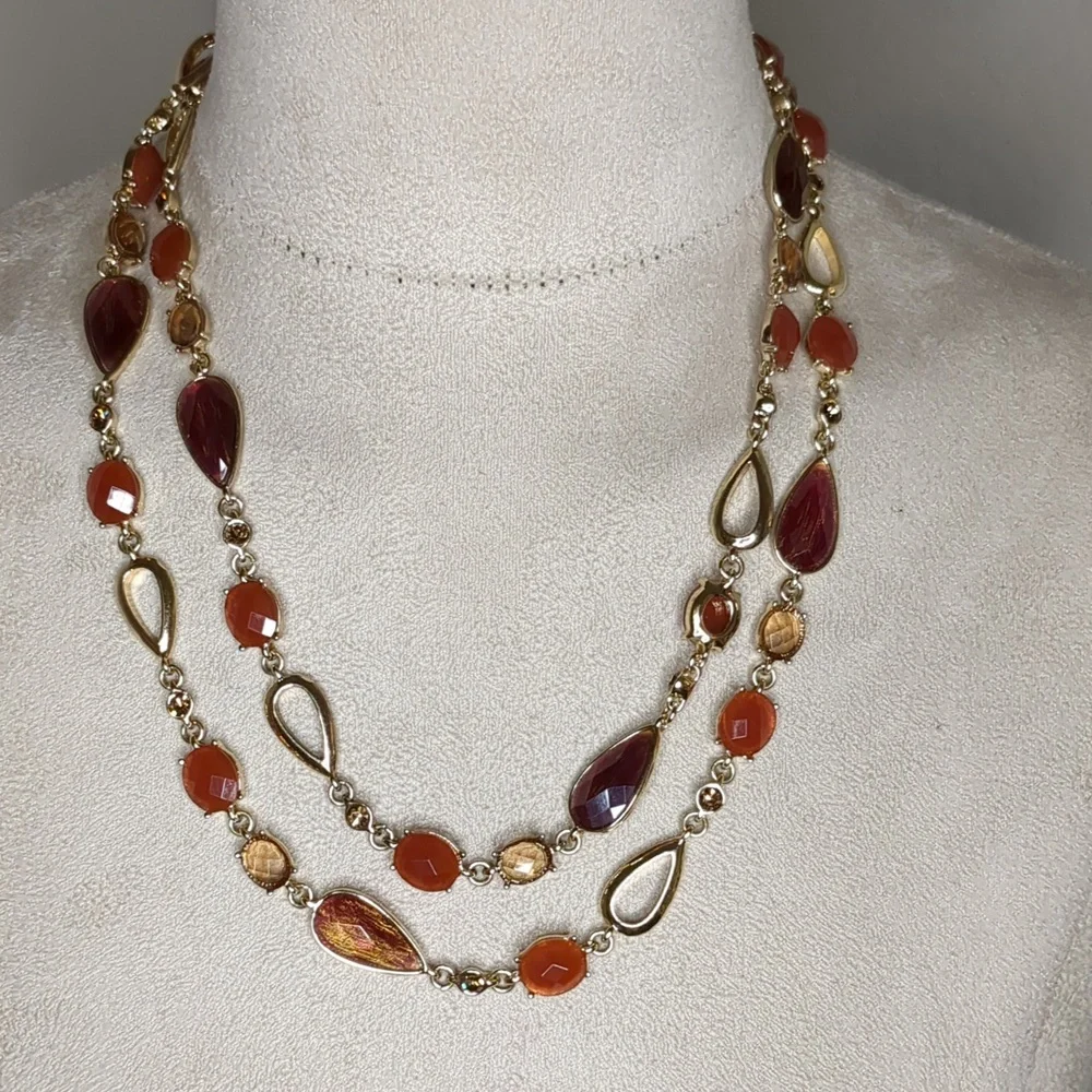 Vintage Anne Klein Amber Sautoir Necklace Extra Long Layered Gold Tone 84